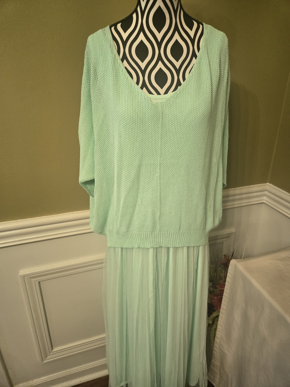 NWOT Light Mint Green Layered Knit & Chiffon Dress - Women's Medium